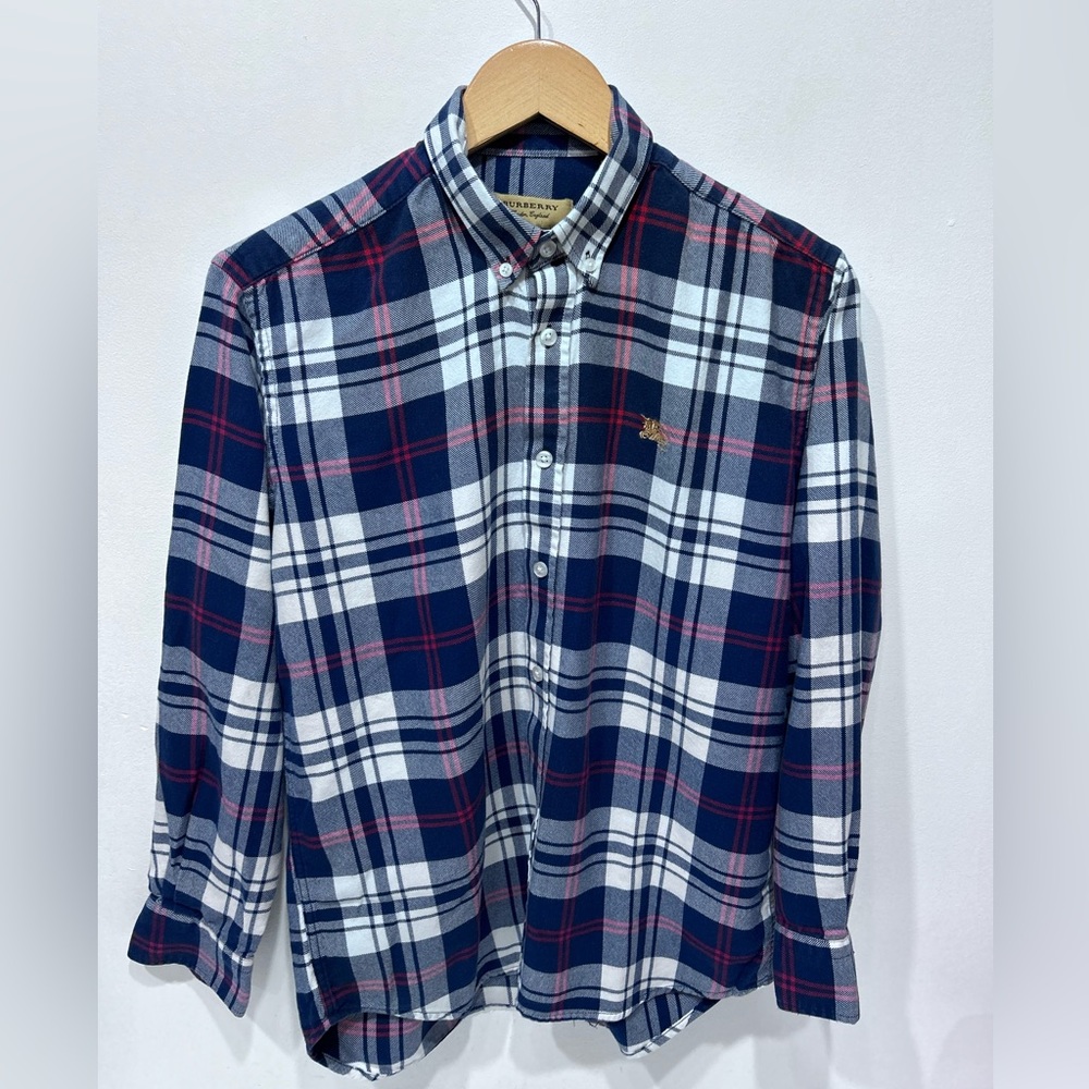 Burberry Mens Blue White Plaid 100% Cotton Long Sleeve Button-Down Shirt Size M